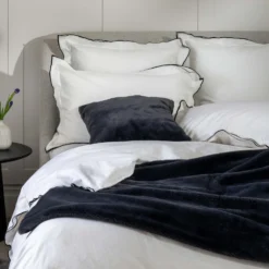 White/Charcoal Overlocked Edge Linen & Cotton Blend Single Duvet Cover