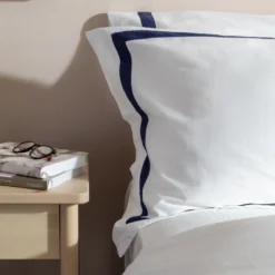 White/Navy 300TC Colour Border Cotton Single Flat Sheet -Bedding Sales Store navy border 300tc cotton additional1 4