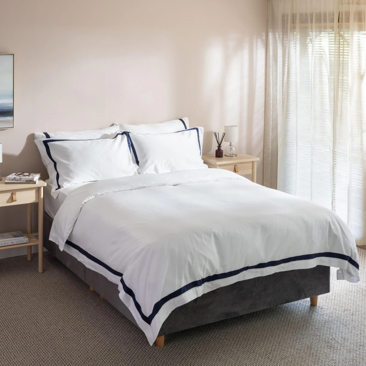 White/Navy 300TC Colour Border Cotton Double Duvet Cover 9 White/Navy 300TC Colour Border Cotton Double Duvet Cover - Image 9