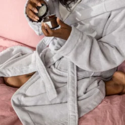 Cotton Velour Bathrobe -Bedding Sales Store turkish cotton bathrobe light grey hero 5