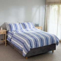 Blue/White Wide Stripe Linen & Cotton Blend King Size Duvet Cover